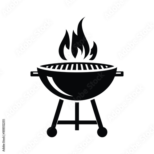 Black silhouette of a barbecue grill with flames on a white background
