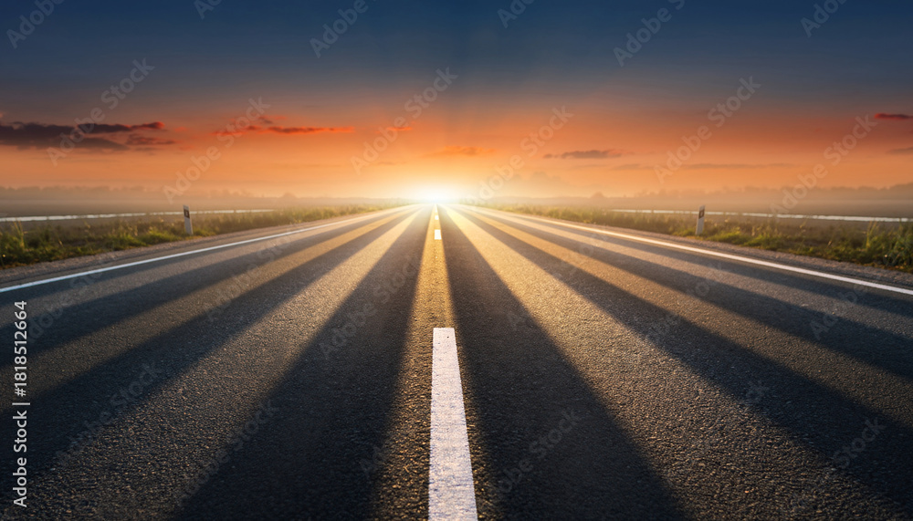 Naklejka premium Open road stretching towards a bright sunrise with long shadows.