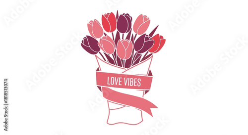 A beautiful bouquet of pink and purple tulips tied with a ribbon that says love vibes