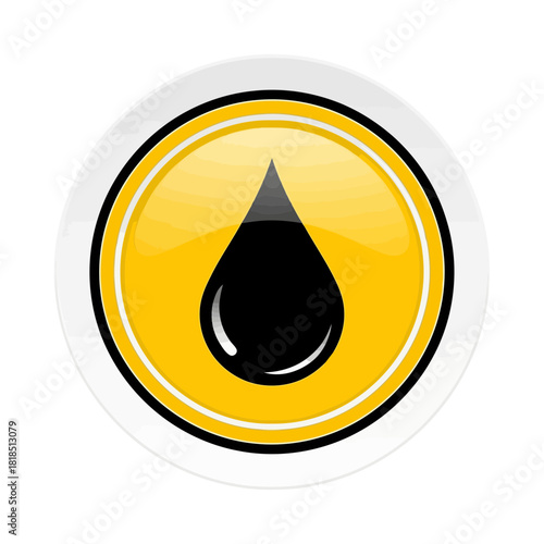 Black oil drop icon on a glossy yellow circle, symbolizing fuel, energy, or petroleum industry, isolated on