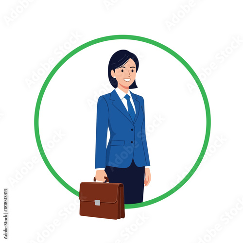 Smiling businesswoman in blue suit with briefcase, standing in green circle, isolated on
