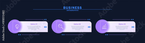 Vector infographic template with three steps or options with icon on dark background. Ideal for business presentations and suitable for web use, brochures, and diagrams
