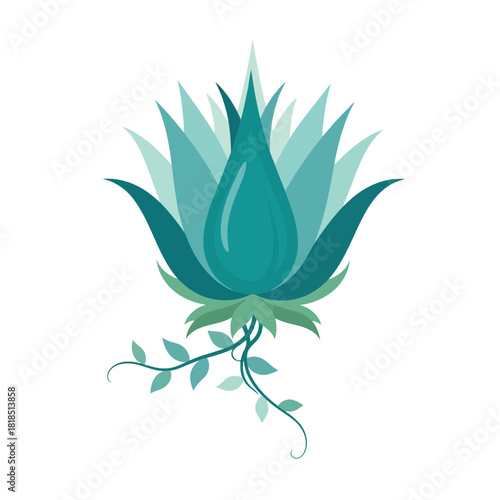 Stylized lotus flower with a prominent water drop at its core, featuring teal and green petals and flowing vines