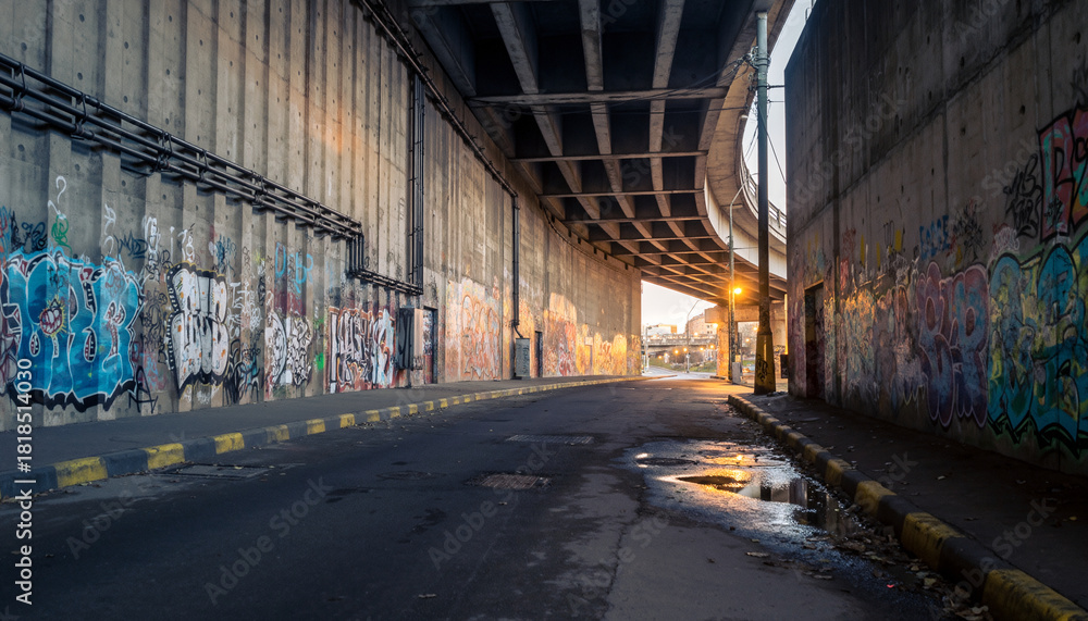 Naklejka premium Urban underpass with graffiti art and streetlights at dusk.
