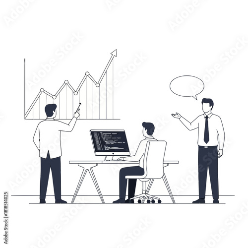 Business professionals collaborating on a project, analyzing market growth data and developing software, isolated on