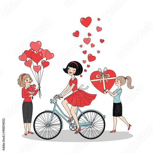 Three cheerful women celebrating love with hearts, a bicycle, balloons, and a gift, isolated on