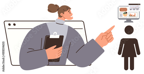 Professional explaining charts on screen using hand gesture and clipboard. Ideal for business strategy, analytics, teamwork, coaching, planning, consulting, presentations in simple flat metaphor