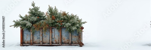 Discarded Christmas trees in a dumpster highlighting waste after holiday season, environmental impact awareness day
