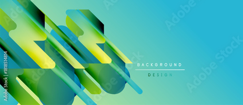 Abstract geometric shapes overlap, creating vibrant gradients. Turquoise background complements green, yellow hues. Modern design element.