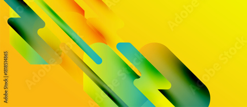 Abstract design features vibrant yellow, green, orange gradients. Dynamic shapes overlap creating modern visual effect. Smooth transitions dominate composition.