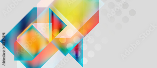 Abstract geometric shapes overlap, creating vibrant color gradients. Light effects add depth, forming modern design elements.