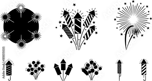 Collection of black icon fireworks for celebrations and festivals