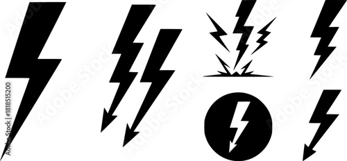 Bold lightning bolt icons set in minimalist black silhouette style
