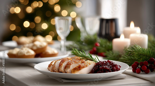 Sliced turkey breast with cranberry sauce and rosemary on a white plate, set for a festive holiday dinner with candles, a fir branch, and bokeh lights