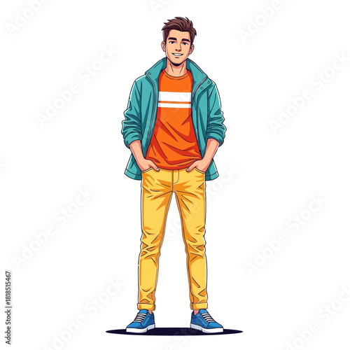 Smiling young man in a teal jacket, orange tshirt, and yellow pants, standing confidently, isolated on