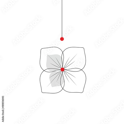 Minimalist line art of a stylized fourpetal flower with a red dot and connecting line, isolated on