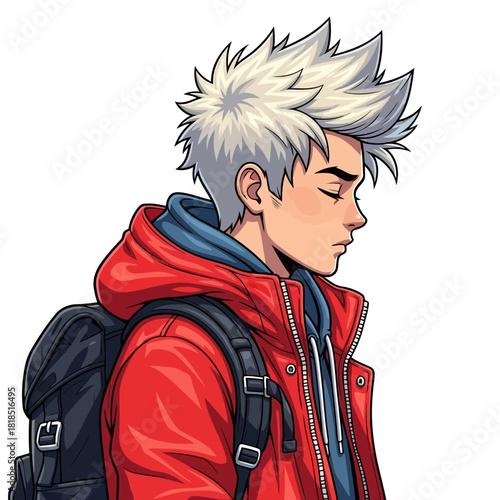 Young man with spiky white hair wearing a red jacket and backpack, looking down, isolated on