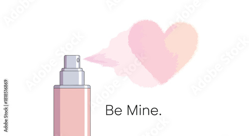 Pink perfume bottle spraying mist that forms a heart shape with the text be mine