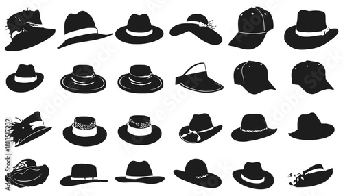 Collection of various styles of hats in black and white illustration