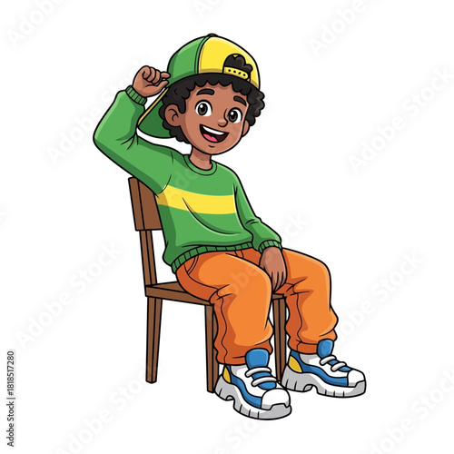 Happy cartoon boy with dark skin wearing a baseball cap and striped shirt, sitting on a wooden chair, isolated on