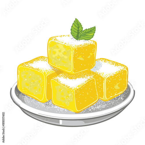 Square lemon cake bites with sugar dusting and mint leaf garnish for healthy organic sweet snack - Vector Illustration
