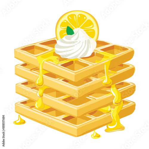 Stacked waffles topped with a swirl of whipped cream and fresh lemon slice for elegant dessert menu - Vector Illustration