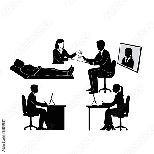 Silhouettes of people in various professional and therapeutic settings.
