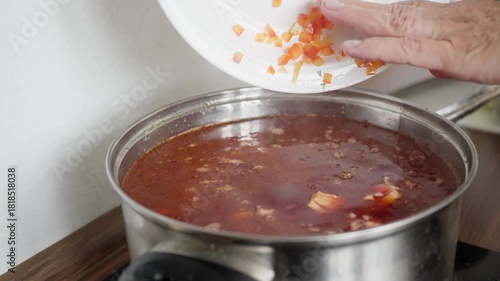 steaming diced vegetables in savory tomato liquid, chopped vegetables added to warm red tomato stew carefully, preparation of hearty homemade soup with fresh vegetables in stainless pot