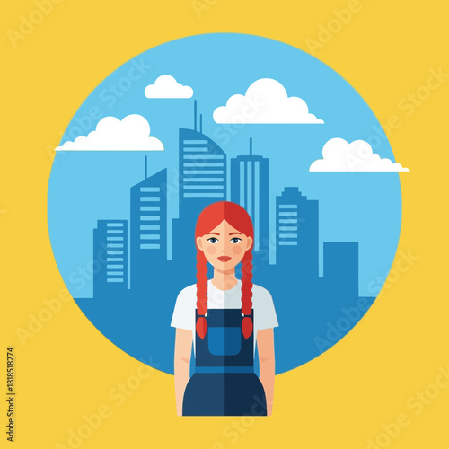 Sad young girl with red pigtails crying in front of a modern city skyline, depicting urban stress and emotional distress