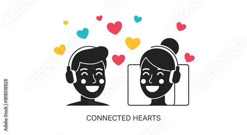 Two happy people wearing headphones surrounded by colorful hearts symbolizing connection and love