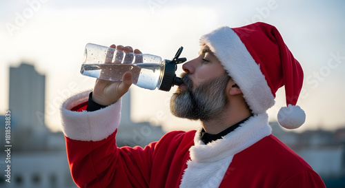 Man dressed as Santa Claus drinking water outdoors in winter  