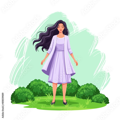 Woman with long dark hair in purple dress and cardigan, standing in a green garden, isolated on