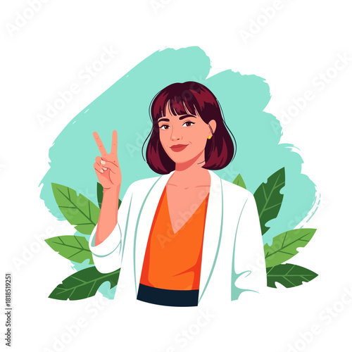 Confident young woman with a stylish bob haircut and blazer making a peace sign, symbolizing victory, peace, or success