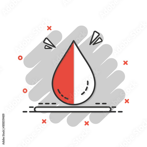 Stylized red and white liquid drop icon, representing donation or health, in a modern comic pop art design with dynamic effects