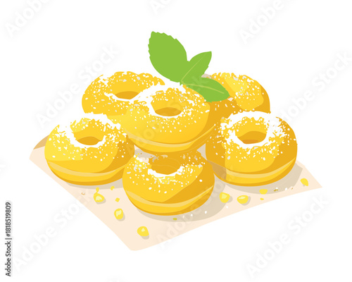 Freshly baked lemon rings donuts topped with white sugar powder and mint leaf garnish - Vector Illustration