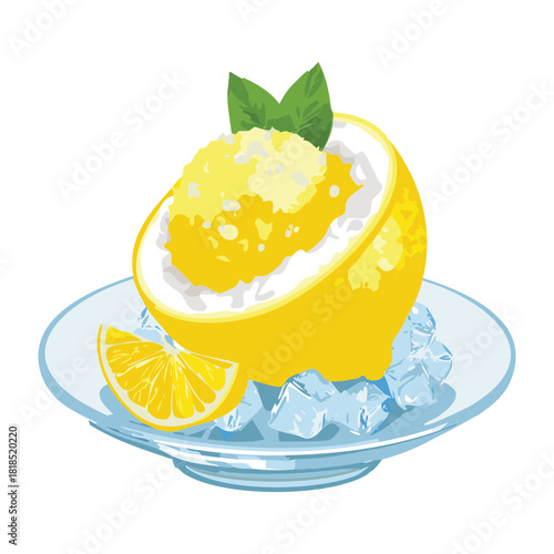 Refreshing lemon sorbet served inside a carved lemon fruit bowl on a bed of ice - Vector Illustration