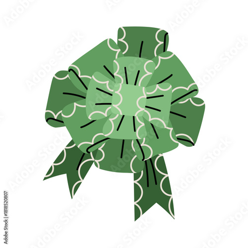 Single flat detailed illustration with a green fluffy ribbon bow. Green volumetric wide. Bow for decorating gifts, gift packaging, Christmas cards, or banners for festive events
