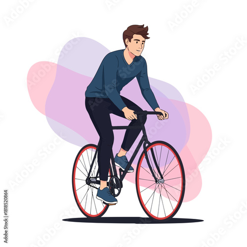 Young man in casual attire enjoying a leisurely ride on his bicycle, with abstract colorful shapes in the background