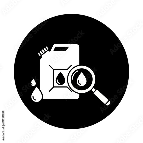 Fuel quality inspection icon with a jerrycan, oil drops, and a magnifying glass, symbolizing liquid analysis and testing