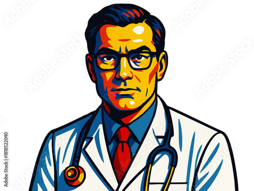 serious male doctor wearing a white coat and stethoscope, symbolizing healthcare, professionalism, and medical authority. Generative ai vector colorful pop art illustration.