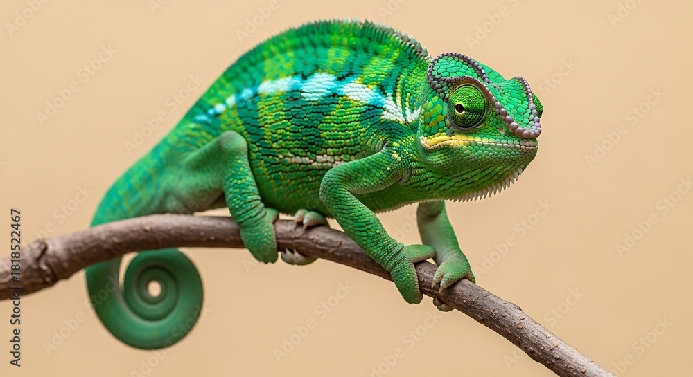 Obraz premium Vibrant Green Chameleon on Branch Close-Up