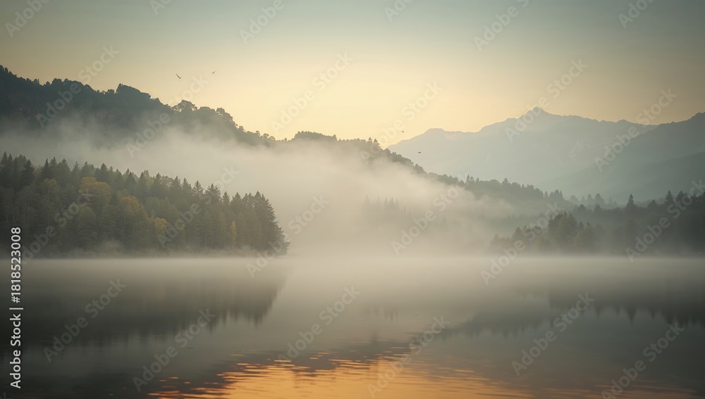 Fototapeta premium Vintage Image Of Misty Lake Scenery, seasonal change