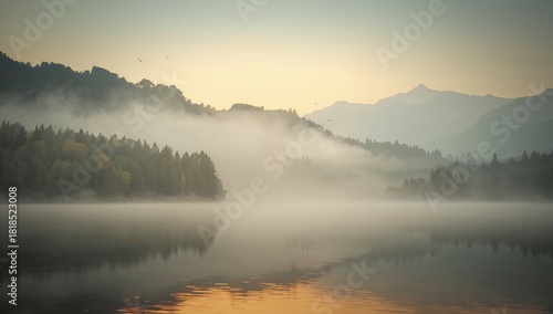 Wallpaper Mural Vintage Image Of Misty Lake Scenery, seasonal change Torontodigital.ca