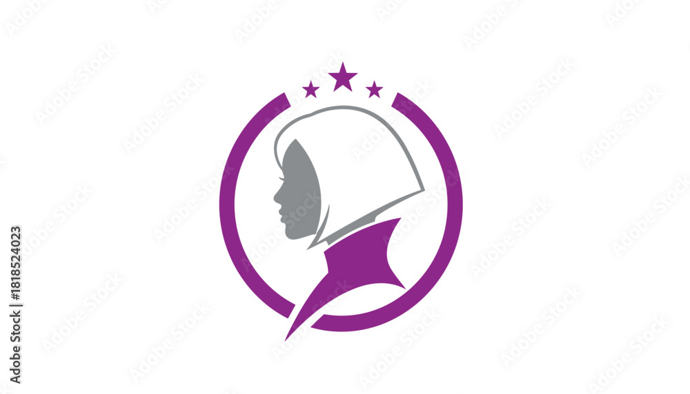 Fototapeta premium Vector Logo for Female Empowerment: Stylish Woman's Profile in a Purple and Gray Circle with Three Stars.