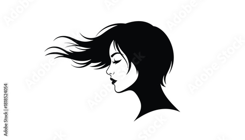 Vector Illustration of Windblown Hair: Serene Woman's Profile with Short Dark Hair Swept Dramatically by the Breeze. 