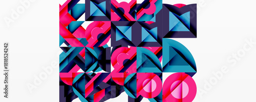 Abstract geometric composition. Shapes overlap, creating vibrant visual texture. Pink, blue hues dominate design. Modern aesthetic.