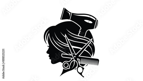 Hair Salon & Stylist Vector Logo: Woman's Profile with Scissors, Comb, and Hair Dryer.