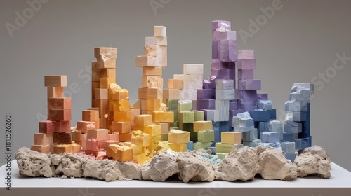 Whole and destroyed towers made of colorful wooden blocks in studio