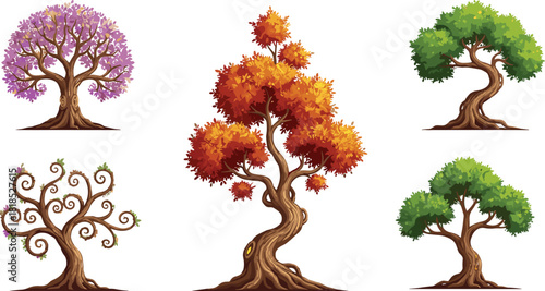 Stylized seasonal trees, spring blossoms, autumn foliage, summer greenery, fantasy tree design, nature illustration, whimsical forest, vector art, stock content, decorative plants