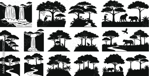 Wildlife nature silhouettes, forest animals, savanna trees, waterfall, river, deer, elephant, giraffe, birds, scenic landscape, vector set, black glyphs